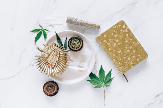 Hojas de cannabis y elementos relacionados dispuestos ordenadamente sobre una encimera de mármol, mostrando un concepto de estilo de vida.