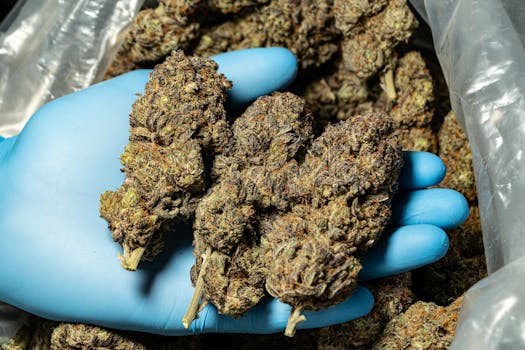 Vista detallada de cogollos de cannabis sostenidos en una mano con guante azul, mostrando textura y calidad.