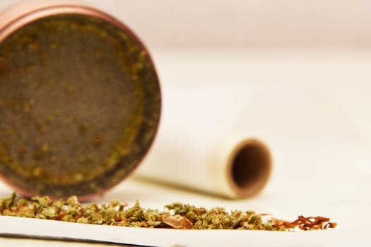 Primer plano macro de cogollos de cannabis y grinder sobre fondo blanco, ideal para temática medicinal o recreativa.