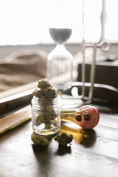 Primer plano de cogollos de cannabis en un tarro con una pipa de cristal sobre una superficie de madera.