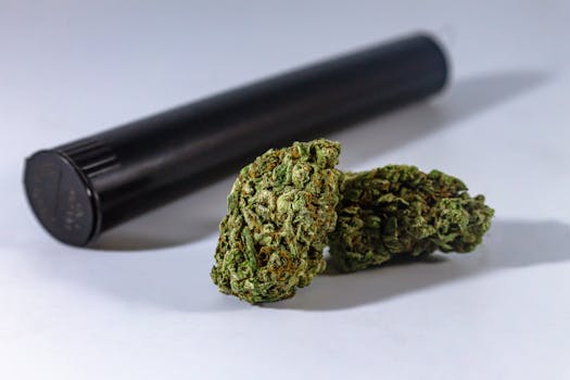 Primer plano de cogollos de marihuana con un recipiente de almacenamiento negro, ideal para uso medicinal o recreativo.
