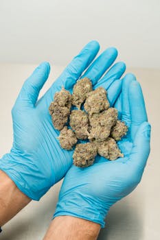 Primer plano de manos con guantes azules sosteniendo cogollos de cannabis sobre un fondo neutro.