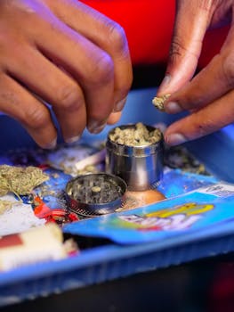 Plano detallado de manos preparando cannabis con un molinillo sobre una bandeja de colores.