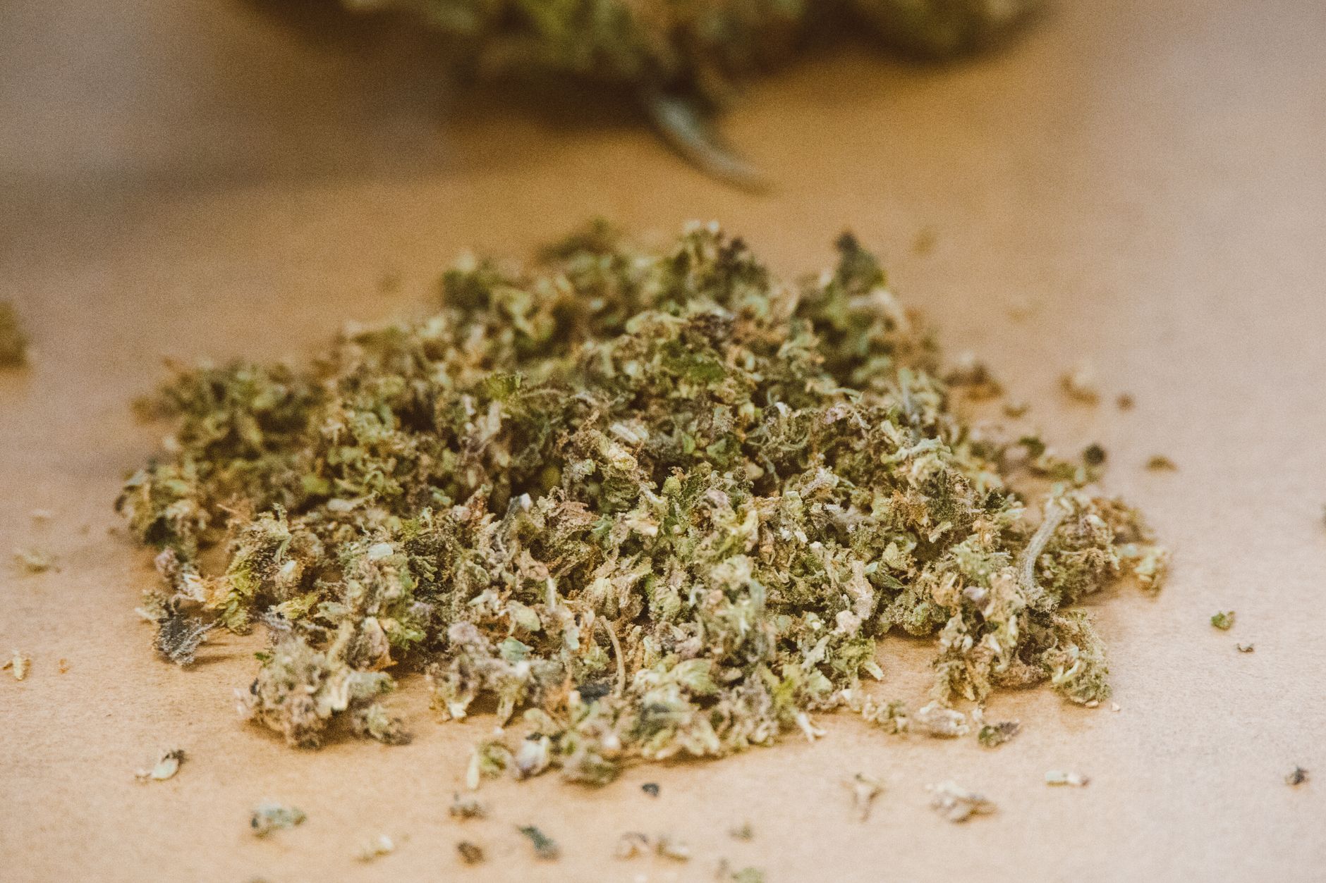 Primer plano detallado de cogollos de cannabis secos sobre un fondo neutro, destacando textura y colores.