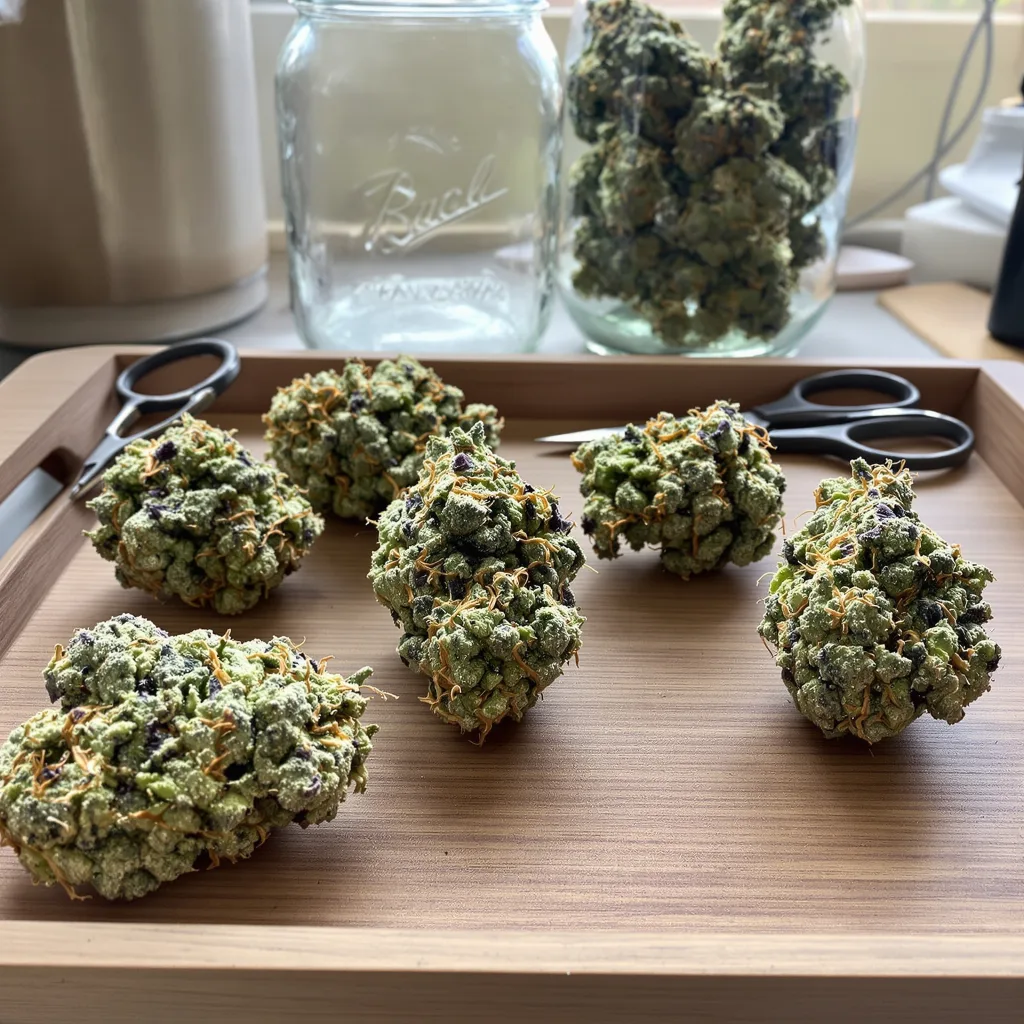 $100 OG 50% indica / 50% sativa — flor con tricomas visibles