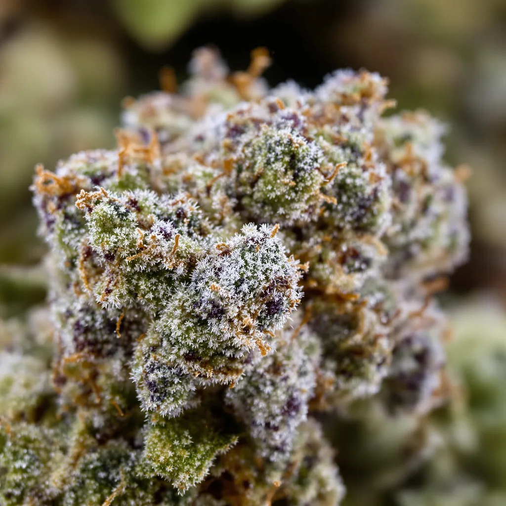 Primer plano de cogollo de cannabis $100 OG mostrando estructura equilibrada con tricomas escarchados