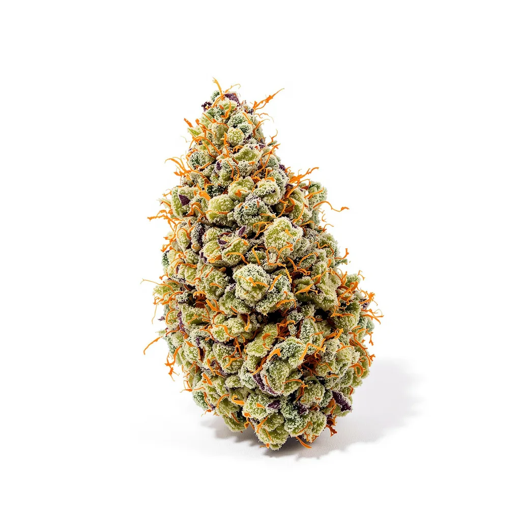 $100 OG 50% indica / 50% sativa — flor con tricomas visibles