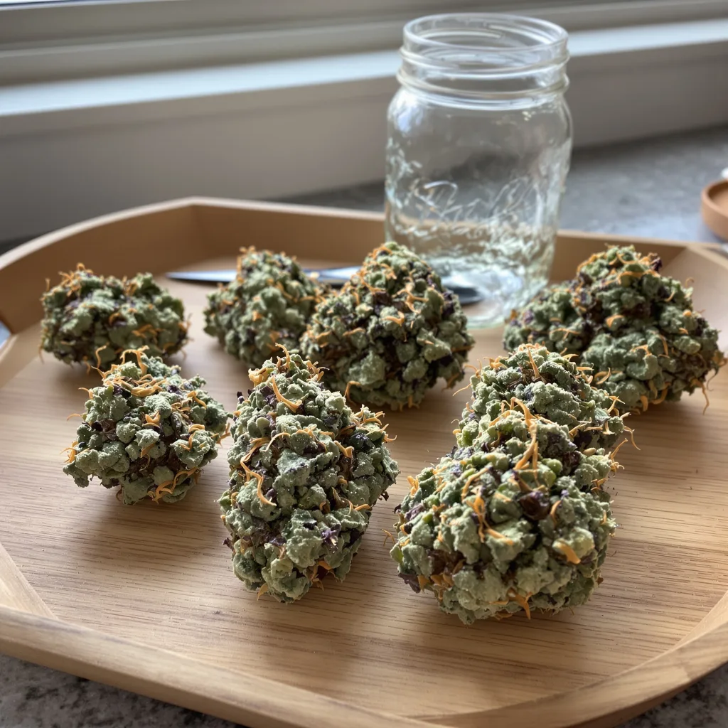 24k Gold 43% indica / 57% sativa — flor con tricomas visibles