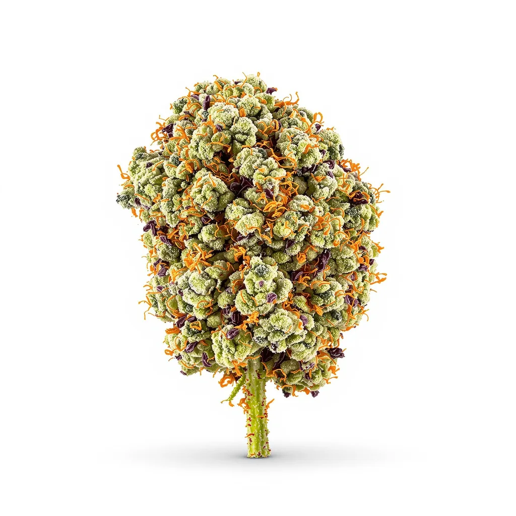 24k Gold 43% indica / 57% sativa — flor con tricomas visibles