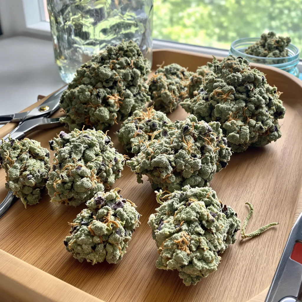 24k Gold 43% indica / 57% sativa — flor con tricomas visibles