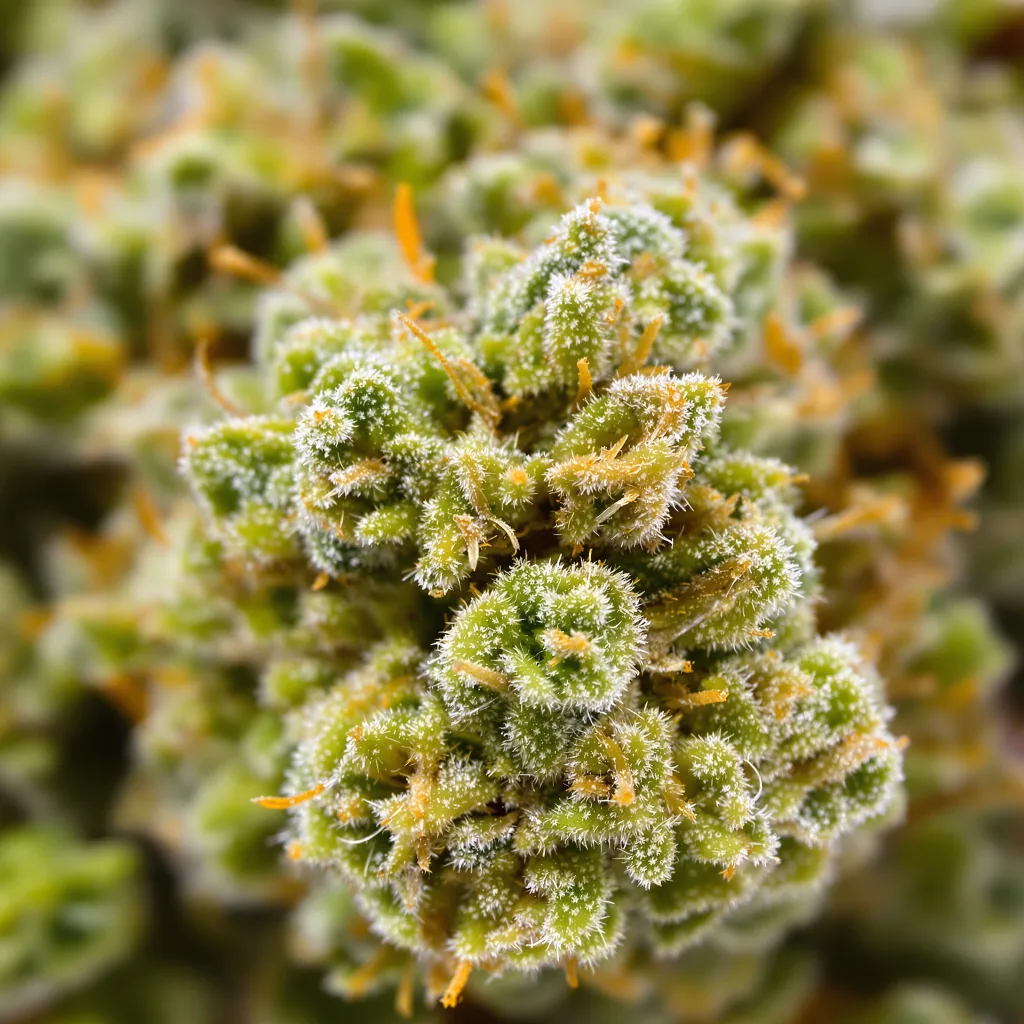 Primer plano de cogollo de cannabis 3 Kings mostrando estructura aireada verde lima
