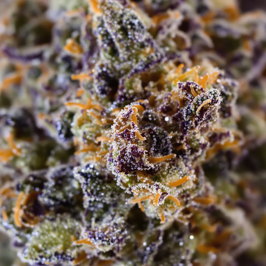 Primer plano de cogollo de cannabis 3X Crazy mostrando cálices densos con tonos morados