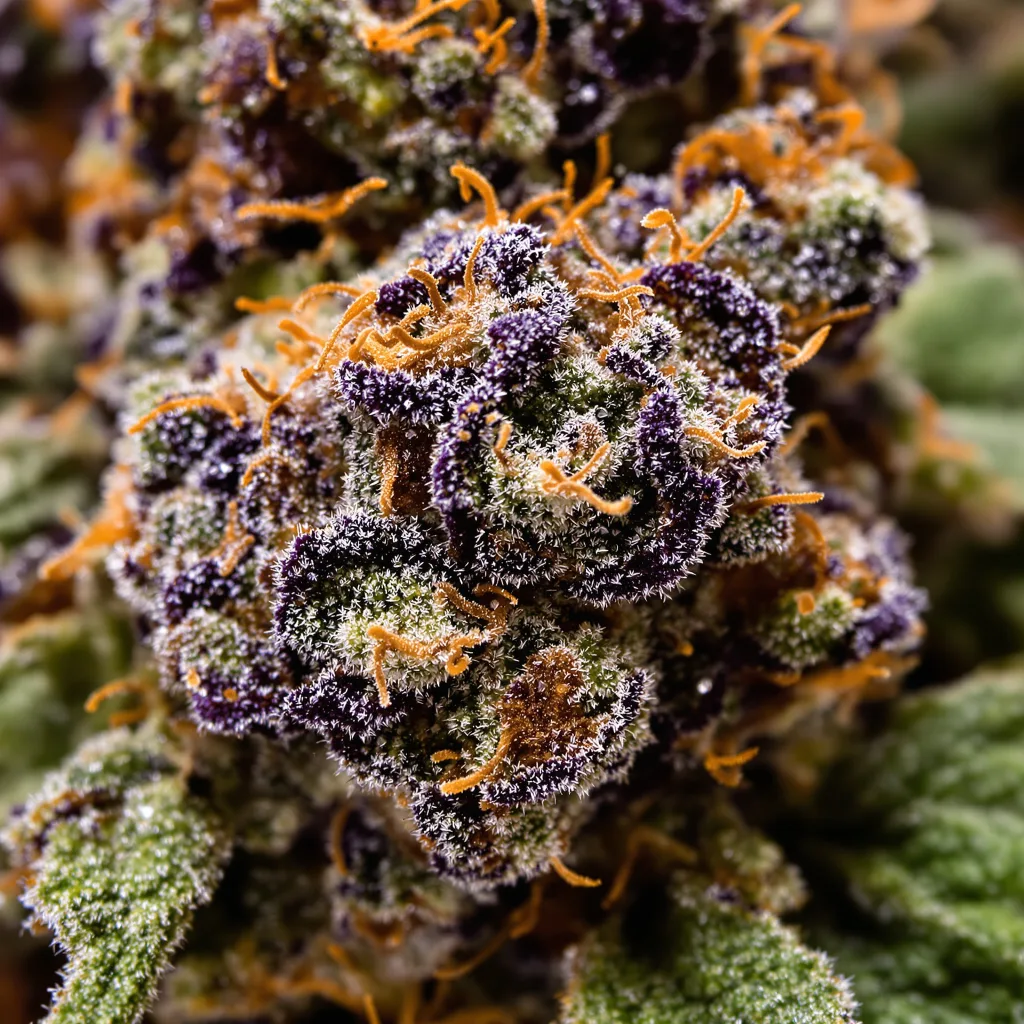 Primer plano de cogollo de cannabis 3X Crazy mostrando cálices densos con tonos morados
