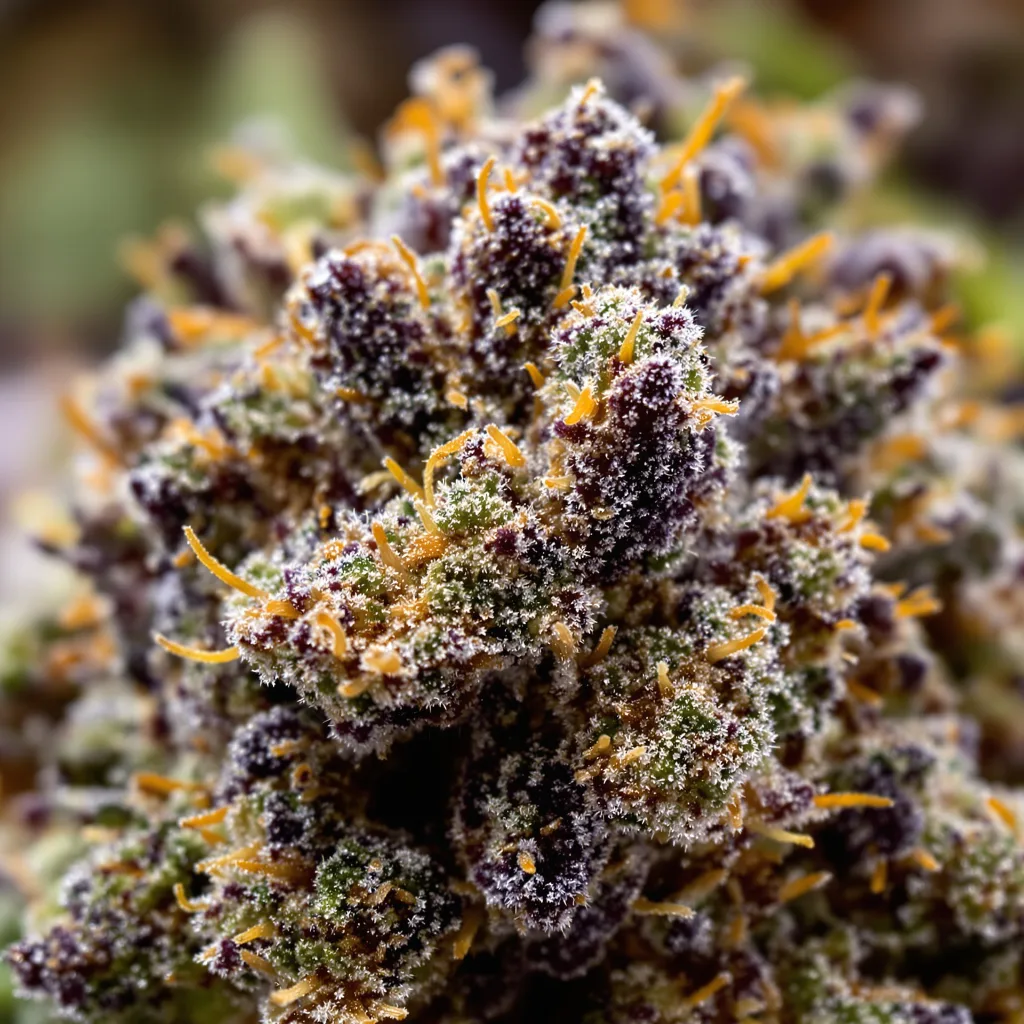 Primer plano de cogollo de cannabis 501st OG mostrando cálices densos con tonos morados