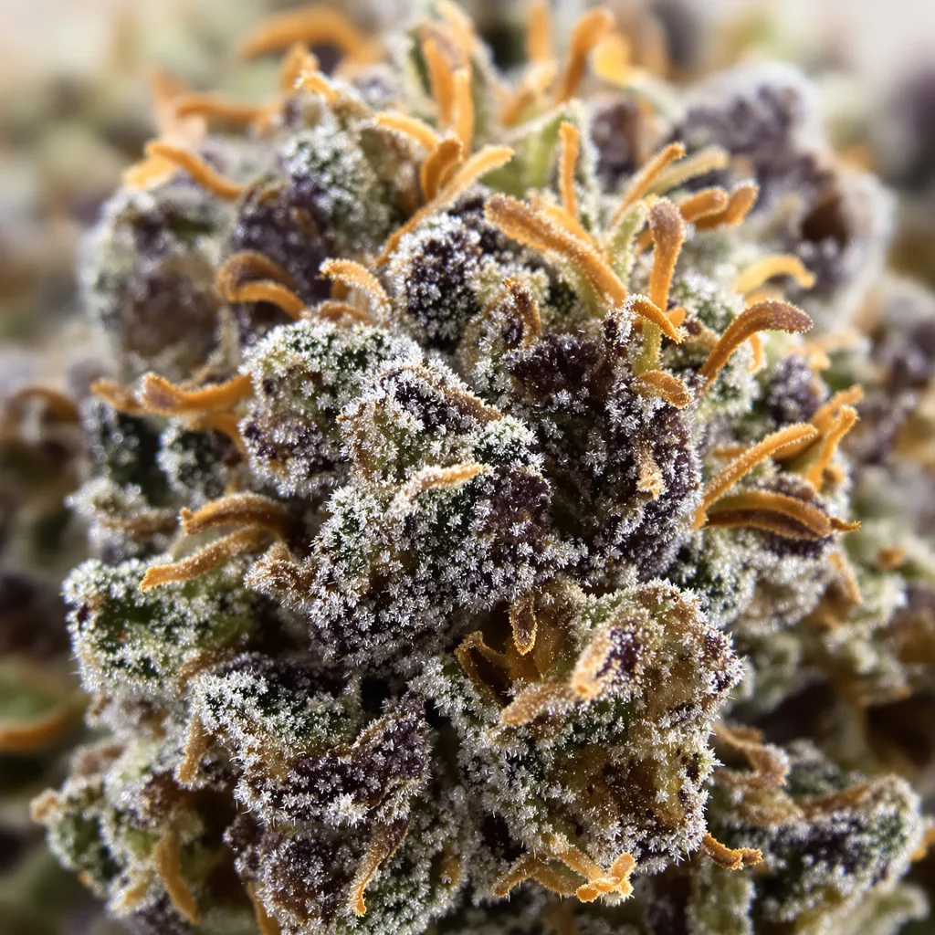 Primer plano de cogollo de cannabis 5th Element mostrando cálices densos con tonos morados