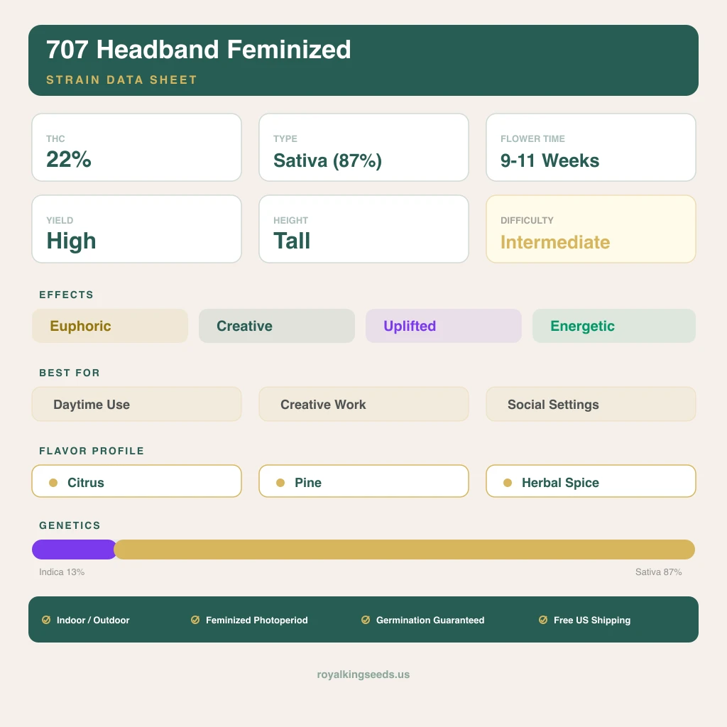 707 Headband 13% indica / 87% sativa — flor con tricomas visibles