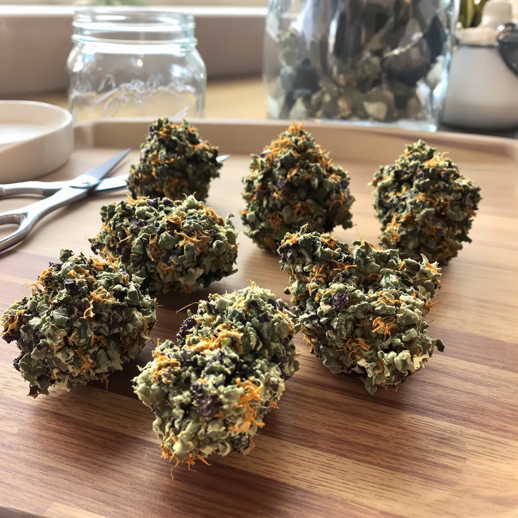 8 Ball Kush 86% indica / 14% sativa — flor con tricomas visibles