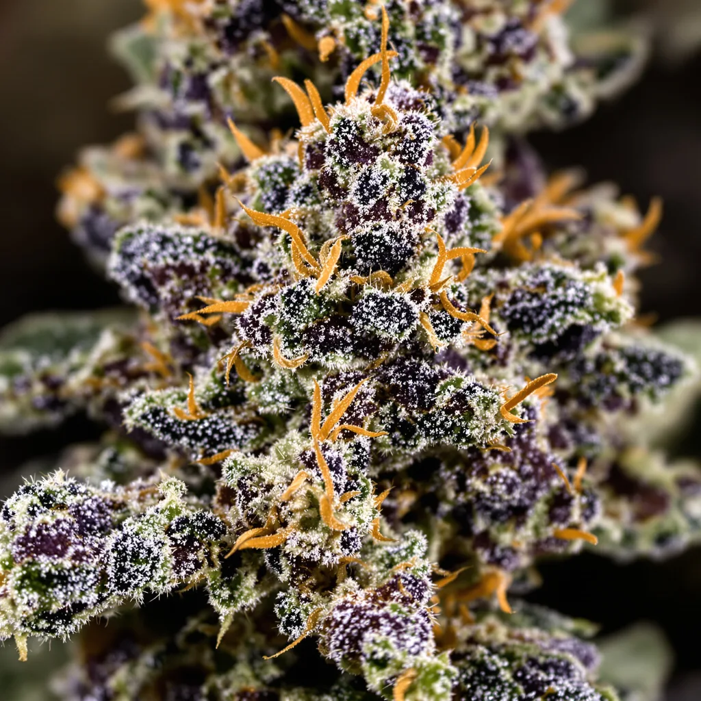 Primer plano de cogollo de cannabis 8 Ball Kush mostrando cálices densos con tonos morados