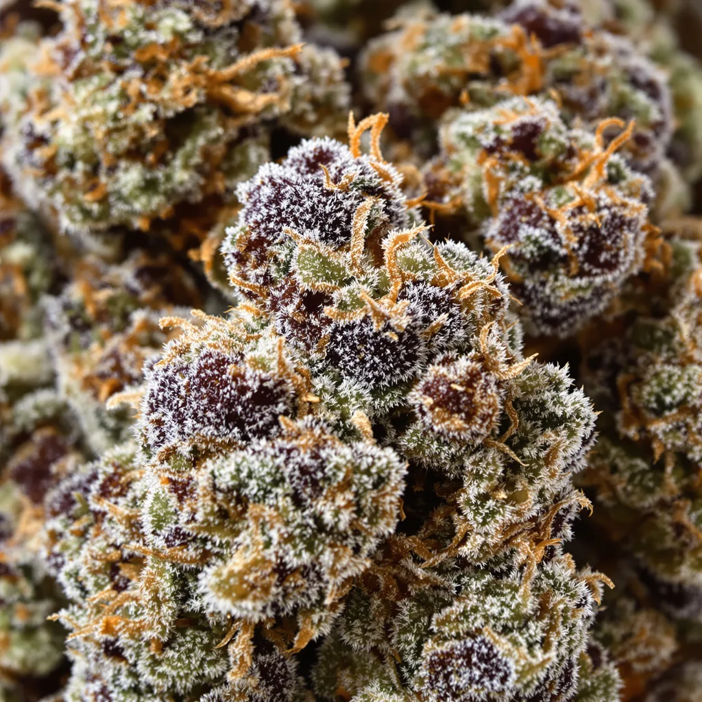 Primer plano de cogollo de cannabis 9 Pound Hammer mostrando cálices densos con tonos morados