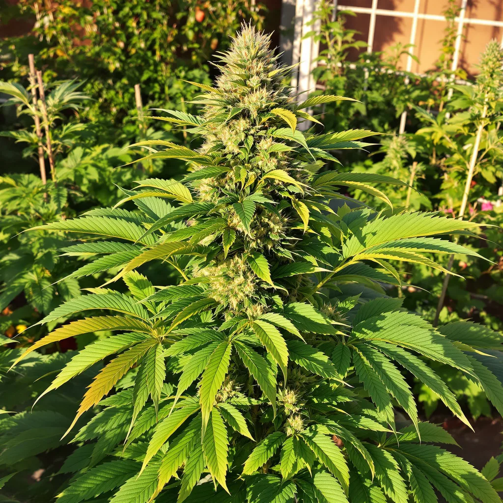9 Pound Hammer 66% indica / 34% sativa — flor con tricomas visibles