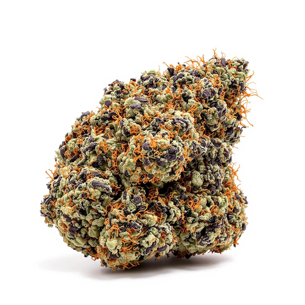 9 Pound Hammer 66% indica / 34% sativa — flor con tricomas visibles