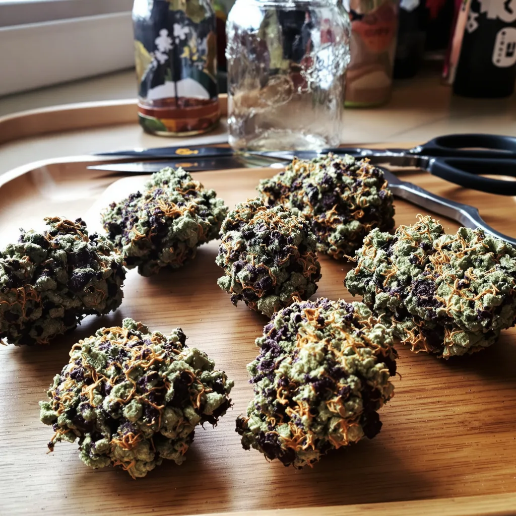 9 Pound Hammer 66% indica / 34% sativa — flor con tricomas visibles