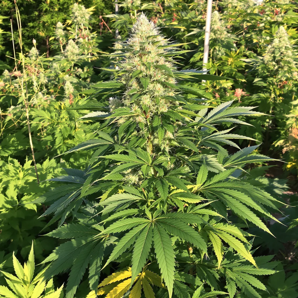 9 Pound Hammer 66% indica / 34% sativa — flor con tricomas visibles