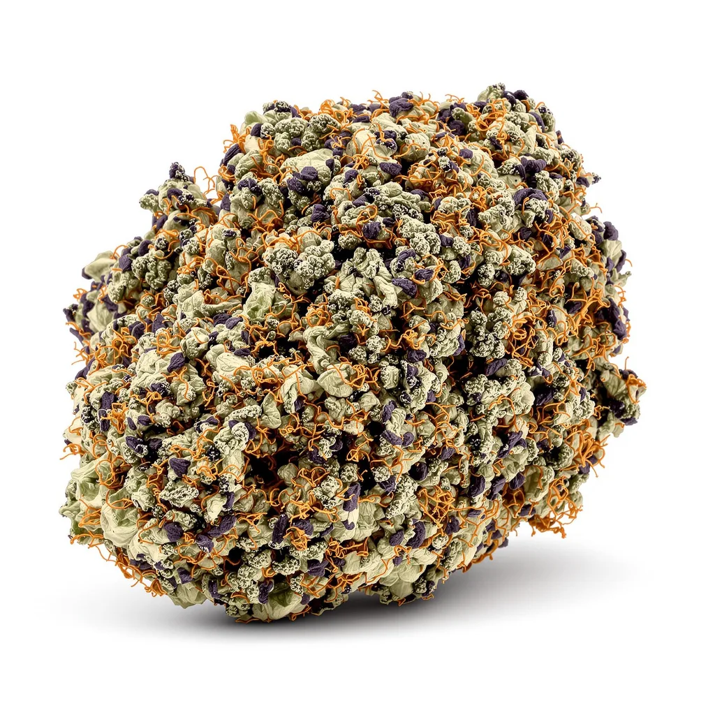9 Pound Hammer 66% indica / 34% sativa — flor con tricomas visibles