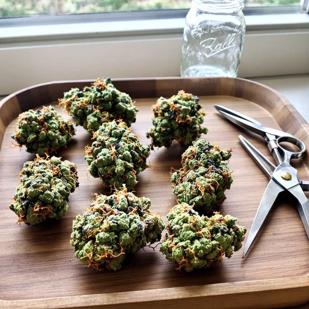 98 Aloha White Widow 59% indica / 41% sativa — flor con tricomas visibles