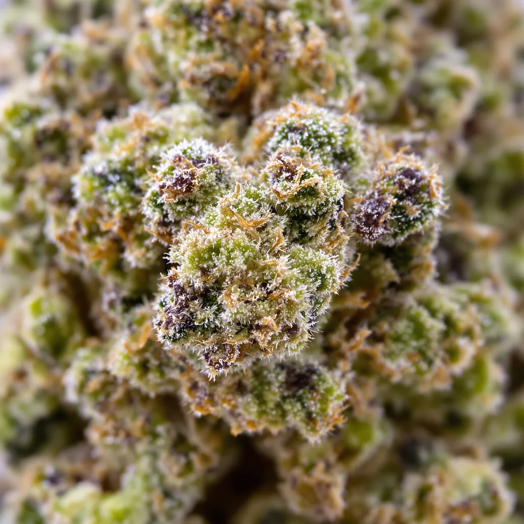 Primer plano de cogollo de cannabis 98 Aloha White Widow mostrando estructura equilibrada con tricomas escarchados