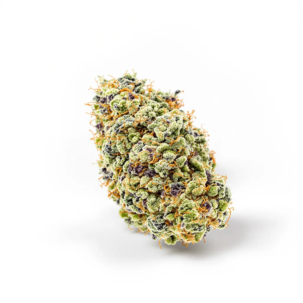 98 Aloha White Widow 59% indica / 41% sativa — flor con tricomas visibles