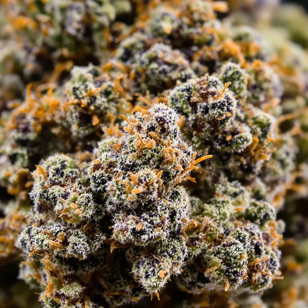 Primer plano de cogollo de cannabis A-10 mostrando cálices densos con tonos morados