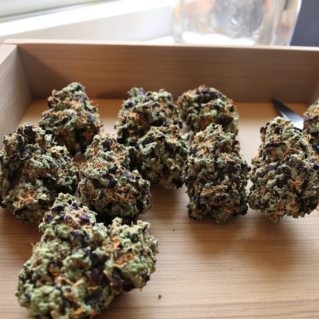 A-10 70% indica / 20% sativa — flor con tricomas visibles