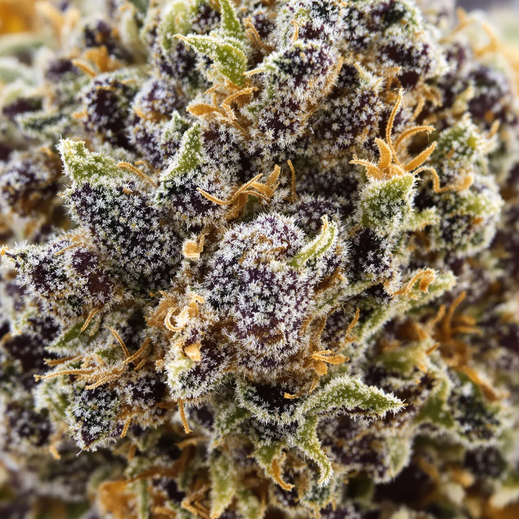 Primer plano de cogollo de cannabis A-10 mostrando cálices densos con tonos morados