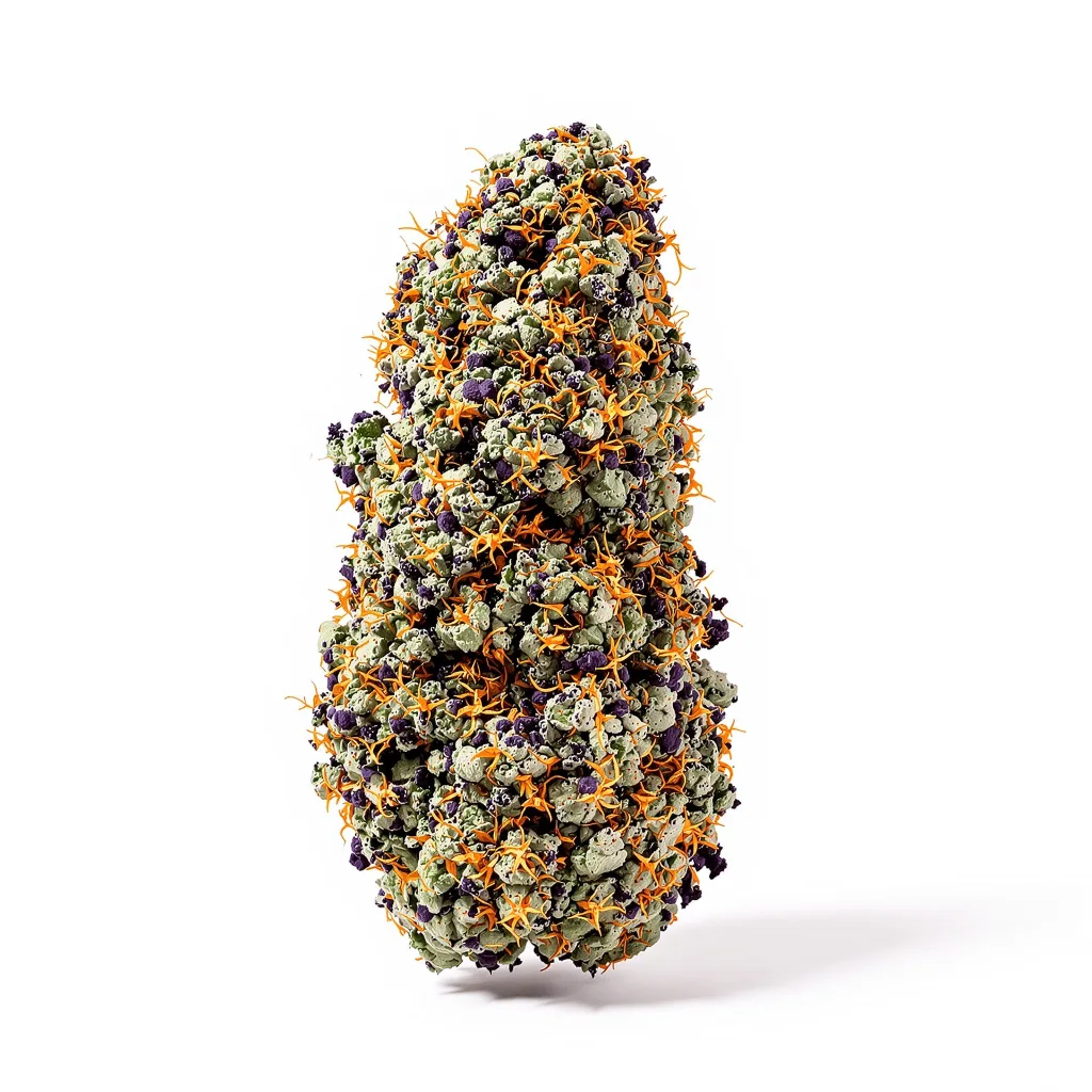 A-10 70% indica / 20% sativa — flor con tricomas visibles