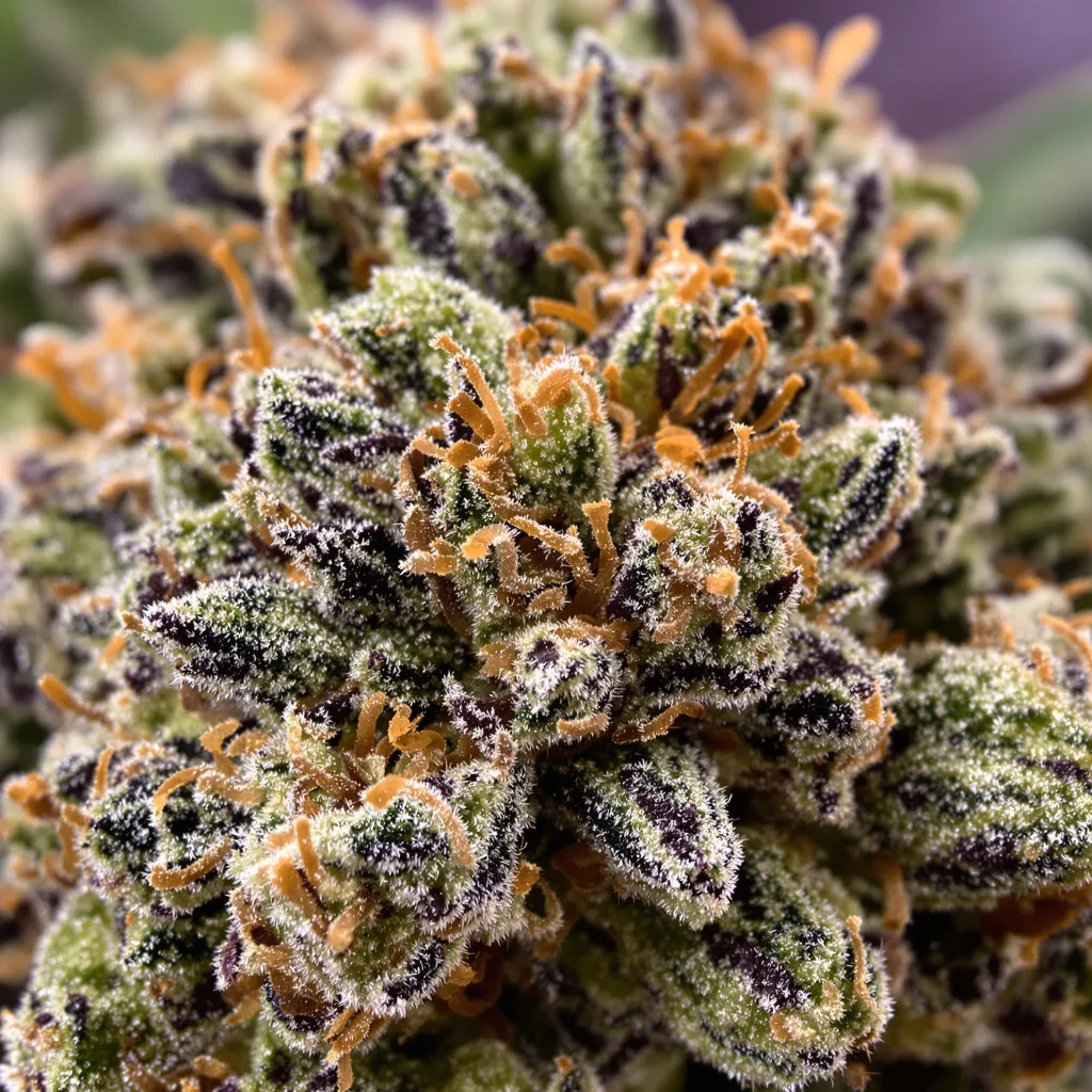 Primer plano de cogollo de cannabis A-Train mostrando cálices densos con tonos morados
