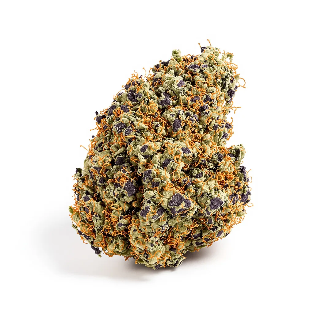 A-Train 79% indica / 21% sativa — flor con tricomas visibles
