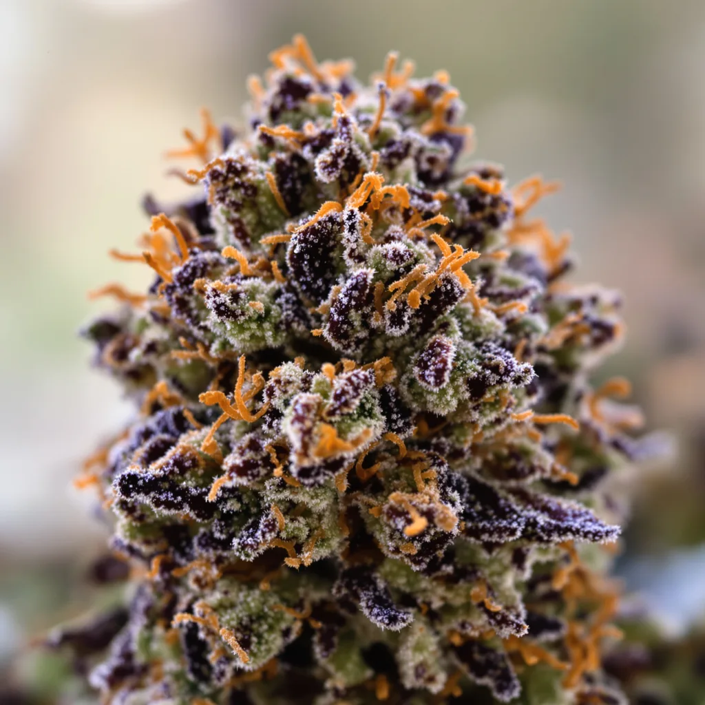 Primer plano de cogollo de cannabis A-Train mostrando cálices densos con tonos morados