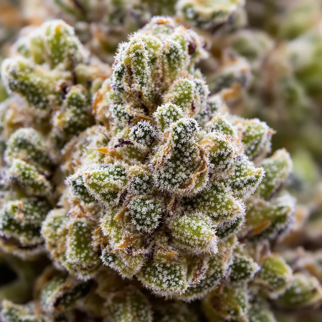 Primer plano de cogollo de cannabis Aberdeen mostrando estructura abierta con pistilos naranjas