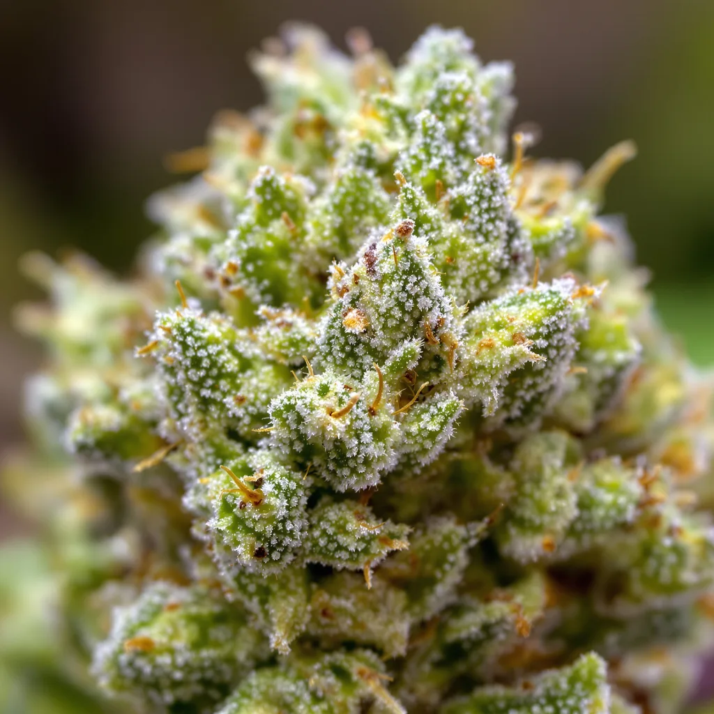 Primer plano de cogollo de cannabis Acapulco Gold mostrando estructura aireada verde lima