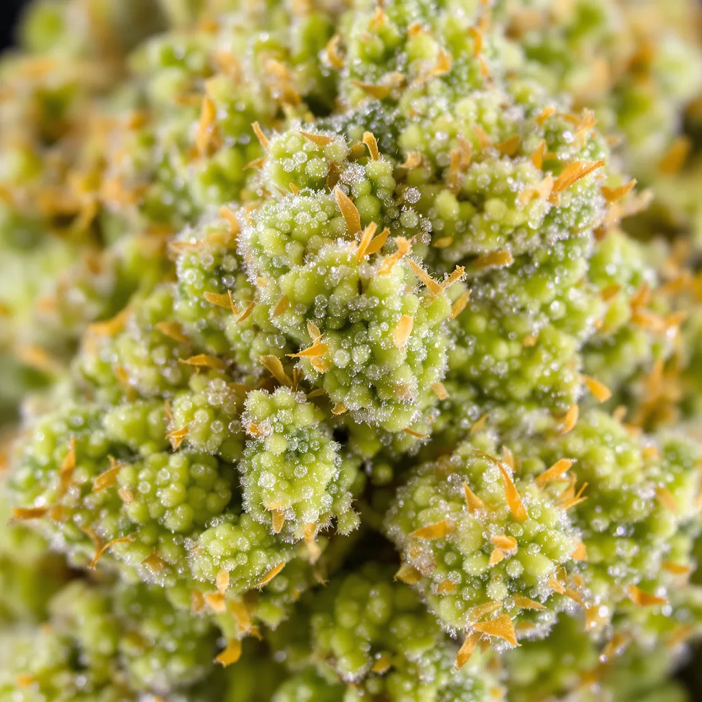 Primer plano de cogollo de cannabis Acapulco Gold mostrando estructura aireada verde lima
