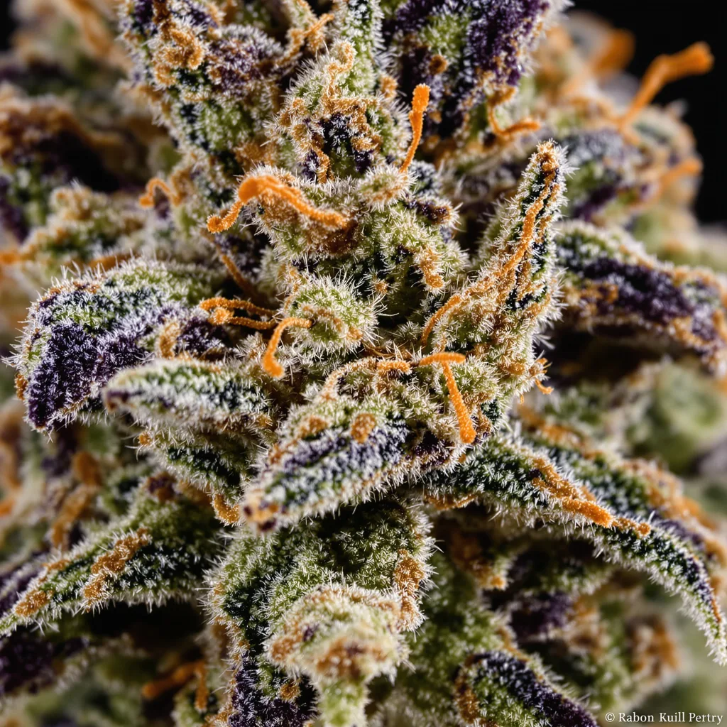 Primer plano de cogollo de cannabis Ace of Spades mostrando cálices densos con tonos morados