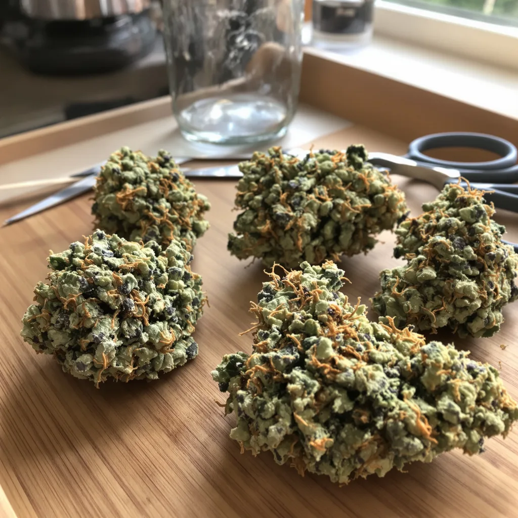 Adios 58% indica / 42% sativa — flor con tricomas visibles
