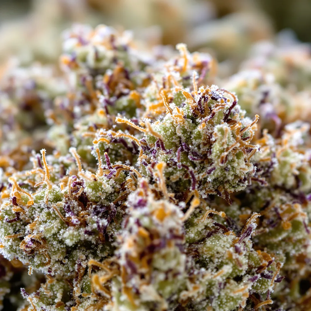 Primer plano de cogollo de cannabis Afcrack mostrando estructura equilibrada con tricomas escarchados