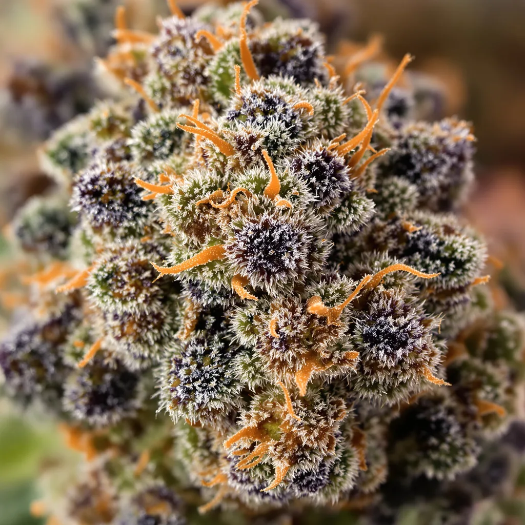 Primer plano de cogollo de cannabis Afghan mostrando cálices densos con tonos morados