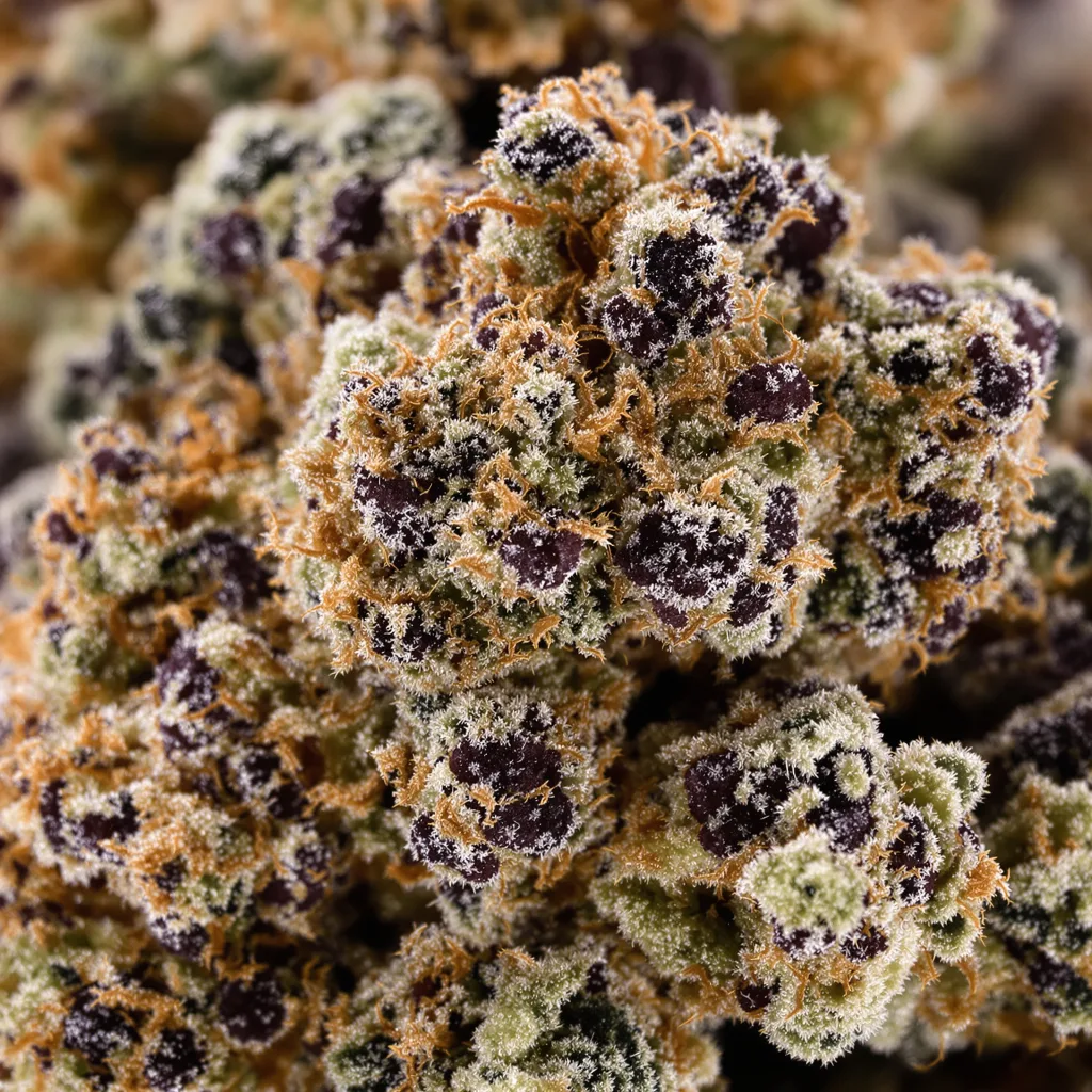 Primer plano de cogollo de cannabis Afghan mostrando cálices densos con tonos morados