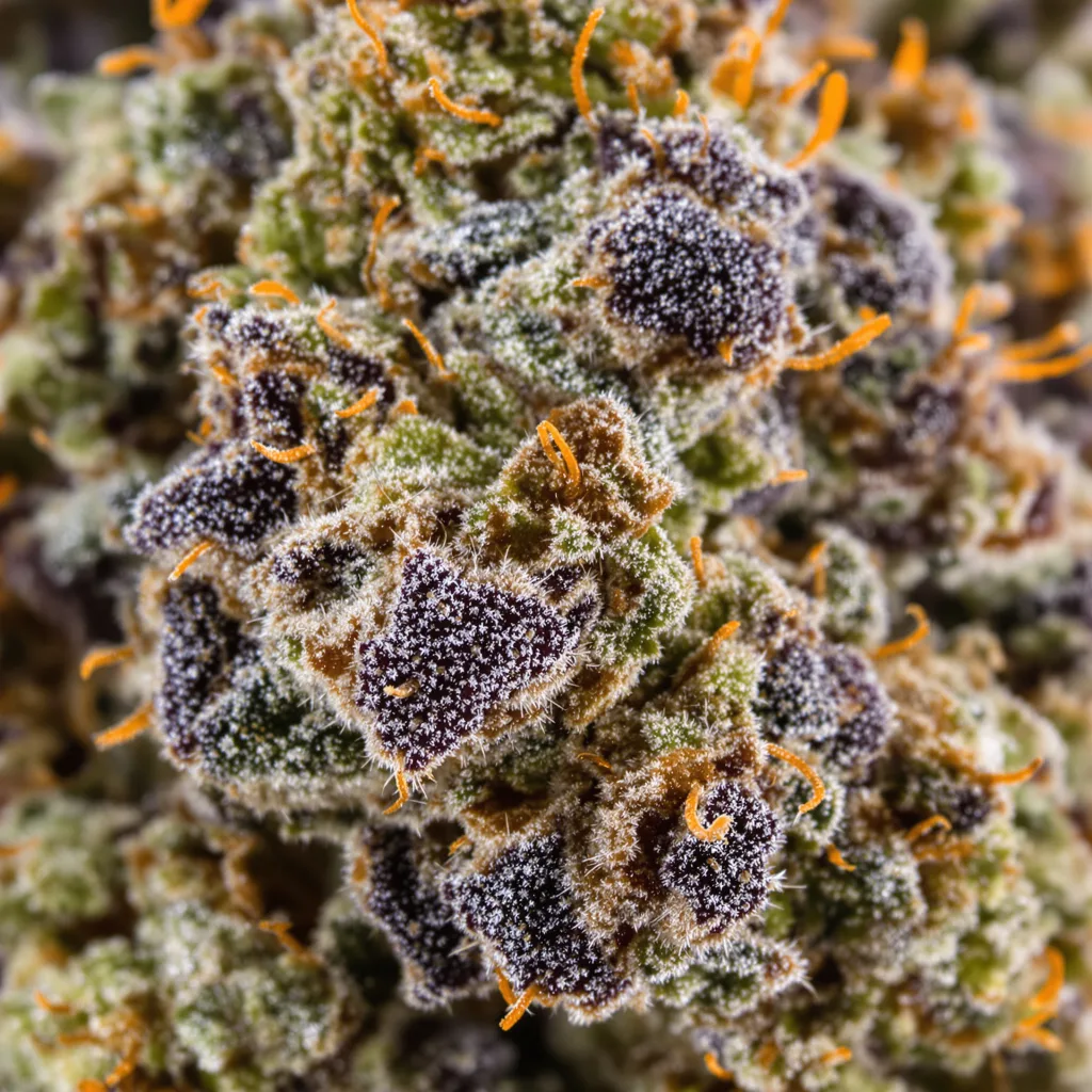 Primer plano de cogollo de cannabis Afghan Hawaiian mostrando cálices densos con tonos morados
