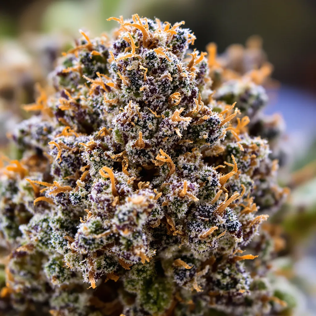 Primer plano de cogollo de cannabis Afghan Hawaiian mostrando cálices densos con tonos morados