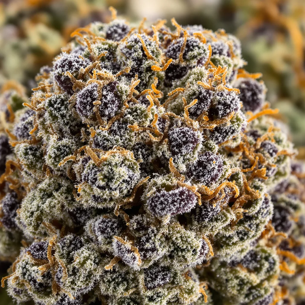 Primer plano de cogollo de cannabis Afghan Kush mostrando cálices densos con tonos morados