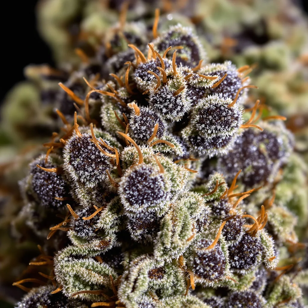 Primer plano de cogollo de cannabis Afghan Kush mostrando cálices densos con tonos morados